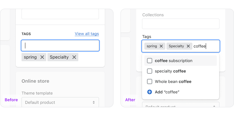 Illustration of before and after improving the design of the tag autocomplete.